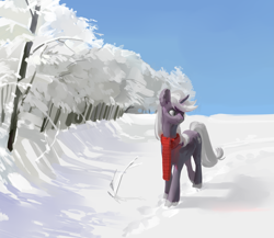 Size: 2631x2280 | Tagged: safe, artist:yanisfucker, derpibooru import, oc, oc only, pony, unicorn, clothes, cutie mark, forest, high res, horn, nature, scarf, scenery, sky, smiling, snow, solo, tree, walking, winter