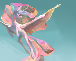 Size: 2737x2190 | Tagged: safe, artist:yanisfucker, derpibooru import, princess celestia, alicorn, pony, g4, beautiful, belly, concave belly, curved horn, female, flying, high res, horn, lineless, long legs, looking back, mare, missing accessory, solo, spread wings, thin, windswept mane, wings