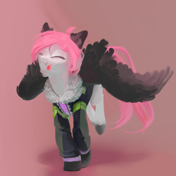 Size: 2449x2449 | Tagged: safe, artist:yanisfucker, derpibooru import, oc, oc only, pegasus, pony, abstract background, clothes, colored ears, colored hooves, colored wings, cute, eyes closed, flower, flower in mouth, hooves, jacket, mouth hold, running, smiling, solo, spread wings, wings