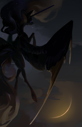 Size: 1974x3037 | Tagged: safe, artist:yanisfucker, derpibooru import, nightmare moon, princess luna, alicorn, pony, g4, crescent moon, crossed legs, ethereal mane, female, flying, large wings, mare, missing cutie mark, moon, night, rear view, solo, starry mane, stars, wings