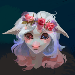 Size: 2449x2449 | Tagged: safe, artist:yanisfucker, derpibooru import, oc, oc only, pony, abstract background, bust, ears, floppy ears, flower, flower in hair, freckles, looking at you, portrait, solo