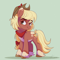 Size: 2048x2048 | Tagged: safe, artist:kuroartss, derpibooru import, applejack, earth pony, pony, alternate design, applejack's hat, clothes, cowboy hat, ear fluff, ears, female, green background, hat, high res, looking at you, mare, redesign, simple background, smiling, smiling at you, solo, unshorn fetlocks