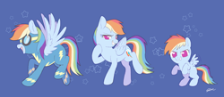 Size: 2300x1000 | Tagged: safe, artist:sion, derpibooru import, rainbow dash, pegasus, pony, g4, age progression, bipedal, blue background, clothes, cute, dashabetes, female, filly, filly rainbow dash, foal, folded wings, grin, horn, japanese reading order, mare, no pupils, older, open mouth, open smile, progression, raised hoof, raised leg, signature, simple background, smiling, smirk, smug, solo, spread wings, stars, tail, uniform, wings, wonderbolts uniform, younger