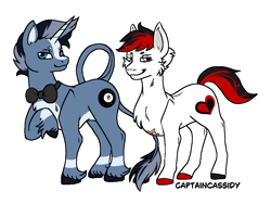 Size: 1240x933 | Tagged: safe, artist:captaincassidy, derpibooru import, oc, oc only, oc:break shot, oc:double down, earth pony, unicorn, blue coat, blue eyes, disabled, duo, earth pony oc, horn, male, pink eyes, simple background, stallion, transparent background, unicorn oc, white coat