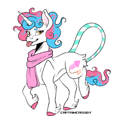 Size: 1300x1300 | Tagged: safe, artist:captaincassidy, derpibooru import, oc, oc only, oc:pop rocks, unicorn, :p, blue mane, clothes, curly hair, curly mane, female, fetlock tuft, horn, long tail, multicolored hair, multicolored tail, pink mane, scarf, simple background, solo, tail, tongue, tongue out, trans female, transfeminine, transgender, transparent background, unicorn oc, unshorn fetlocks, white coat