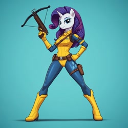 Size: 1024x1024 | Tagged: safe, ai content, derpibooru import, machine learning generated, rarity, anthro, plantigrade anthro, unicorn, g4, bodysuit, breasts, clothes, cosplay, costume, crossbow, cutie mark on clothes, female, g.i. joe, generator:google imagen 3.0, gradient background, hand on hip, horn, leotard, prompter:zerowinger, scarlett, smiling, solo, weapon