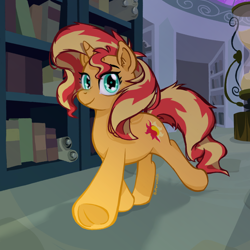 Size: 1920x1920 | Tagged: safe, artist:_butterscotch, derpibooru import, sunset shimmer, pony, unicorn, book, bookshelf, canterlot archives, female, frog (hoof), heart, hoof heart, hoofbutt, horn, hourglass, scroll, solo, underhoof