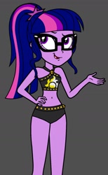 Size: 946x1536 | Tagged: safe, artist:dragonkingamn, derpibooru import, edit, edited screencap, screencap, sci-twi, twilight sparkle, equestria girls, g4, bare arms, bare legs, bare shoulders, bikini, bikini bottom, bikini top, clothes, clothes swap, diamond, glasses, gray background, hand on hip, hand out, meh, open mouth, open smile, ponytail, simple background, smiling, smirk, solo, studs, sunset shimmer's beach shorts swimsuit, swimsuit, swimsuit swap