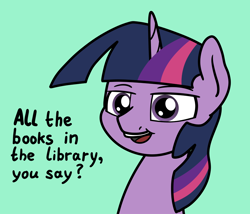 Size: 2048x1756 | Tagged: safe, artist:ewoudcponies, derpibooru import, twilight sparkle, pony, unicorn, g4, book, bookhorse, bust, female, green background, horn, lidded eyes, mare, open mouth, open smile, simple background, smiling, solo, that pony sure does love books