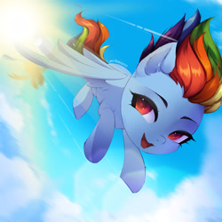 Size: 4000x4000 | Tagged: safe, artist:shavurrr, derpibooru import, rainbow dash, pegasus, pony, g4, air, cloud, cute, female, flying, looking at each other, looking at someone, racing, sky, smiling, solo, sun, sunshine