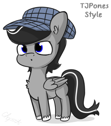 Size: 1250x1421 | Tagged: safe, artist:chopsticks, derpibooru import, oc, oc only, oc:chopsticks, pegasus, pony, :o, chest fluff, ear fluff, ears, hat, male, open mouth, pegasus oc, simple background, smol, style emulation, unshorn fetlocks, white background