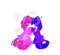 Size: 1154x1043 | Tagged: safe, alternate version, artist:koidial, derpibooru import, pinkie pie, twilight sparkle, unicorn twilight, earth pony, pony, unicorn, g4, :>, alternate design, arrow, bangs, blush scribble, blush sticker, blushing, bracelet, colored belly, colored eyelashes, colored lineart, colorful, curly hair, curly mane, curly tail, duo, duo female, eye clipping through hair, eyelashes, eyes closed, female, floating heart, glowing, glowing horn, heart, hoof hold, horn, jewelry, kandi, kandi bracelet, lesbian, looking at someone, magenta eyelashes, magic, mare, open mouth, open smile, pale belly, pink coat, pink mane, pink tail, purple blush, purple coat, purple eyelashes, purple eyes, raised hooves, requested art, saturated, shiny mane, shiny tail, shipping, simple background, sitting, smiling, smiling at someone, speech bubble, straight mane, straight tail, swap, tail, talking, telekinesis, three quarter view, three toned mane, three toned tail, transparent background, twinkie, underhoof