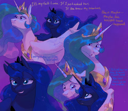 Size: 1500x1300 | Tagged: safe, artist:abbytabbys, derpibooru import, princess celestia, princess luna, alicorn, pony, g4, alternate universe, blue coat, blue eyes, blue mane, blue pupils, blue text, colored eyebrows, colored pupils, crown, crying, description is relevant, dialogue, duo, duo female, ethereal mane, eyelashes, eyeshadow, female, folded wings, frown, gradient background, horn, implied twilight sparkle, jewelry, large wings, lidded eyes, long horn, long mane, looking at each other, looking at someone, looking up, makeup, mare, multicolored mane, open frown, open mouth, open smile, orange text, peytral, profile, purple eyes, purple eyeshadow, purple pupils, regalia, royal sisters, sad, shiny mane, siblings, sisters, smiling, smiling at someone, talking, tall ears, three quarter view, tiara, unicorn horn, wavy mane, white coat, wings, yellow text