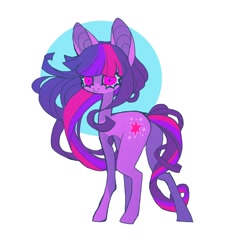 Size: 1058x1120 | Tagged: safe, artist:cutesykill, derpibooru import, twilight sparkle, earth pony, pony, g4, alternate eye color, bangs, big ears, big eyes, blue sclera, butt, circle background, colored pinnae, colored sclera, concave belly, ears, earth pony twilight, eyelashes, female, frown, head turn, horn, long legs, long mane, long neck, long tail, looking at you, looking back, looking back at you, mare, missing horn, no catchlights, passepartout, pink eyes, plot, purple coat, race swap, simple background, slender, solo, straight mane, straight tail, tail, thick eyelashes, thin, thin legs, three toned mane, three toned tail, twibutt, unusual pupils, white background, windswept mane