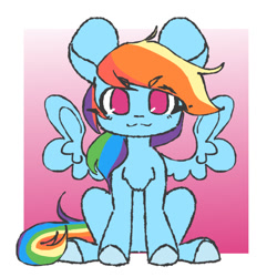 Size: 1024x1024 | Tagged: safe, artist:snowflake_pone, derpibooru import, rainbow dash, pegasus, pony, g4, big ears, chest fluff, chibi, ears, female, gradient background, looking at you, mare, no pupils, sitting, smiling, solo, spread wings, wings