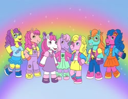 Size: 2560x1978 | Tagged: safe, artist:milliedubois, derpibooru import, bon bon (g1), bright eyes, clover (g1), melody, patch (g1), starlight (g1), sweetheart, earth pony, semi-anthro, g1, my little pony tales, 7 pony friends, female, mare, rainbow, rainbow background