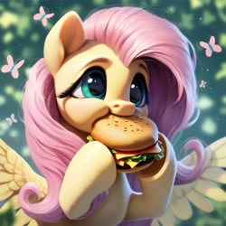 Size: 4096x4096 | Tagged: safe, ai content, derpibooru import, generator:stable diffusion, machine learning assisted, machine learning generated, fluttershy, butterfly, pegasus, pony, g4, big eyes, blushing, burger, cute, detailed hair, eating, food, funny, green eyes, happy, long hair, meat, pink mane, ponies eating meat, prompter:saltyvity, shyabetes, smiling, solo