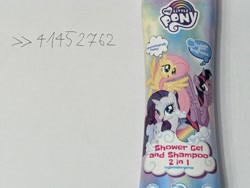 Size: 2040x1536 | Tagged: safe, derpibooru import, photographer:anonymous, fluttershy, rarity, twilight sparkle, twilight sparkle (alicorn), alicorn, pegasus, unicorn, g4, /mlp/, 4chan, horn, irl, merchandise, photo, shampoo, shower gel, tube