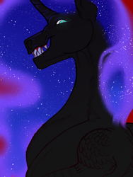 Size: 750x1000 | Tagged: safe, artist:snowberry, derpibooru import, nightmare moon, alicorn, pony, g4, bust, colored sketch, creepy, curved horn, ethereal mane, female, glowing, glowing eyes, horn, looking at you, mare, nose wrinkle, portrait, red background, sharp teeth, simple background, sketch, solo, teeth, toothy grin, wings