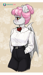 Size: 1953x3360 | Tagged: safe, artist:bloodymrr, derpibooru import, oc, oc only, anthro, bat pony, human, anthro oc, blouse, bowtie, eye scar, facial scar, female, flower, freckles, hair bun, hand in pocket, humanized, lidded eyes, necktie, red eyes, rose, scar, solo, spread wings, tired, wings