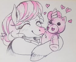 Size: 640x524 | Tagged: safe, artist:neohexane, derpibooru import, horse, unicorn, candi (wild manes), cuddling, drawing, female, floating heart, heart, horn, horse plushie, mare, plushie, simple background, smiling, solo, sugar hoof (wild manes), white background, wild manes