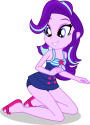 Size: 2757x3822 | Tagged: safe, alternate version, artist:dustinwatsongkx, derpibooru import, starlight glimmer, human, better together, equestria girls, g4, x marks the spot, bare arms, bare legs, bare shoulders, clothes, clothes swap, eyeshadow, female, geode of telekinesis, grin, hatless, kneeling, magical geodes, makeup, missing accessory, one-piece swimsuit, sandals, sci-twi swimsuit, simple background, sleeveless, smiling, solo, swimsuit, swimsuit swap, teeth, transparent background