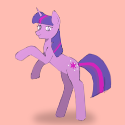 Size: 1290x1295 | Tagged: safe, artist:millionyearspony, derpibooru import, twilight sparkle, unicorn twilight, pony, unicorn, g4, female, horn, mare, pink background, rearing, simple background, solo