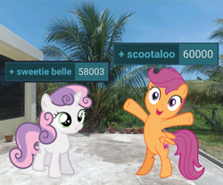 Size: 1269x1053 | Tagged: safe, artist:supermario64fan, artist:yellowdash1998v2, derpibooru import, edit, scootaloo, sweetie belle, pegasus, pony, unicorn, g4, bipedal, cute, cutealoo, derpibooru, diasweetes, duo, duo female, female, filly, foal, horn, irl, meta, photo, ponies in real life, tags, vector, vector edit