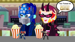 Size: 1280x720 | Tagged: safe, artist:robertsonskywa1, derpibooru import, oc, oc:starbreaker firewalker, oc:starshadow skystalker, demon, human, equestria girls, g4, cinema, food, horns, mask, megatron, open mouth, optimus prime, photo, popcorn, siblings, sunglasses, text, toy, transformers, transformers one, twins, vitiligo