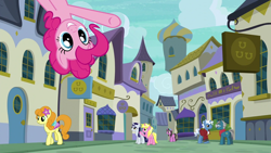 Size: 1280x720 | Tagged: safe, derpibooru import, screencap, carrot top, golden harvest, moonlight raven, perry pierce, pinkie pie, pokey pierce, sunshine smiles, pony, g4, spice up your life, canterlot, fashion plate, lily love