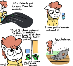 Size: 3300x3000 | Tagged: safe, artist:wren, derpibooru import, oc, oc only, pony, bike cuck meme, cheese, clothes, comic, computer, convention, food, laptop computer, macintosh (computer), mare fair, meme, numget, ponified, ponified meme, simple background, species swap, sweatshirt, whistling, white background