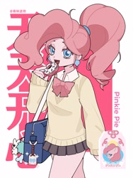 Size: 3751x5001 | Tagged: safe, artist:aki, derpibooru import, pinkie pie, human, equestria girls, g4, :d, bag, bowtie, clothes, collared shirt, cowboy shot, donut, food, jacket, long sleeves, looking at you, magenta background, necktie, open mouth, open smile, passepartout, pleated skirt, shirt, shoulder bag, simple background, skirt, smiling, solo, text