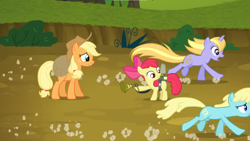 Size: 1366x768 | Tagged: safe, derpibooru import, screencap, apple bloom, applejack, sassaflash, pony, g4, ballad, bloom & gloom, pest control gear, running