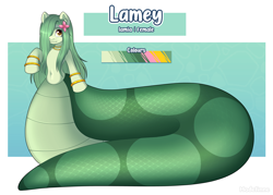 Size: 3000x2142 | Tagged: safe, artist:madelinne, derpibooru import, oc, oc only, oc:lamey, lamia, original species, female, flower, flower in hair, hair covering face, jewelry, long hair, looking at you, mare, scales, solo