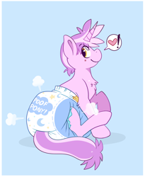 Size: 900x1100 | Tagged: safe, artist:jupiters, derpibooru import, oc, oc only, oc:starling, pony, unicorn, air pushed out of diaper, chest fluff, crescent moon, diaper, diaper fetish, exclamation point, eyebrows, fetish, heart, horn, looking back, male, male oc, moon, non-baby in diaper, poofy diaper, raised hoof, raised leg, sitting, smiling, solo, speech bubble, stallion, stallion oc, tail, two toned mane, two toned tail, unicorn oc