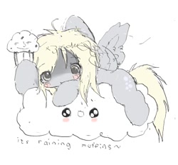 Size: 1209x1119 | Tagged: safe, artist:x3tamago, derpibooru import, derpy hooves, pegasus, pony, cloud, female, food, lying down, mare, muffin, on a cloud, prone, simple background, solo, white background