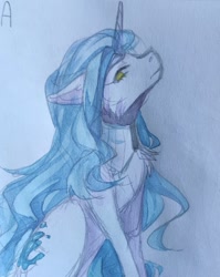 Size: 851x1068 | Tagged: safe, artist:illustra, derpibooru import, oc, oc only, oc:aqua, pony, unicorn, chest fluff, ear fluff, ears, female, female oc, floppy ears, horn, looking at you, mare, mare oc, marker drawing, side view, simple background, sketch, traditional art, unicorn oc