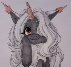 Size: 1149x1080 | Tagged: safe, artist:illustra, derpibooru import, oc, oc only, pony, unicorn, bust, chest fluff, ear tufts, ears, eyebrows, eyebrows visible through hair, female, female oc, floppy ears, hair over one eye, horn, looking at you, mare oc, marker drawing, raised hoof, raised leg, simple background, smiling, solo, traditional art, two toned ears, unicorn oc, unshorn fetlocks