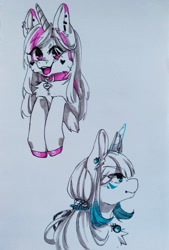 Size: 731x1080 | Tagged: oc name needed, safe, artist:illustra, derpibooru import, oc, oc only, pony, bust, chest fluff, choker, colored ears, colored hooves, duo, duo female, ear fluff, ear piercing, ears, eye clipping through hair, eyebrows, eyebrows visible through hair, female, female oc, floppy ears, glowing, glowing horn, heart, hooves, horn, jewelry, looking at you, looking away, mare, mare oc, marker drawing, necklace, open mouth, open smile, piercing, profile, simple background, sketch, smiling, traditional art, two toned mane, unshorn fetlocks