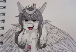 Size: 1280x881 | Tagged: oc name needed, safe, artist:illustra, derpibooru import, oc, oc only, pegasus, pony, bust, chest fluff, clothes, diadem, eyebrows, eyebrows visible through hair, fangs, female, female oc, jewelry, looking at you, mare, mare oc, marker drawing, notebook, open mouth, open smile, pegasus oc, peytral, raised hoof, raised leg, regalia, simple background, smiling, spread wings, traditional art, wings