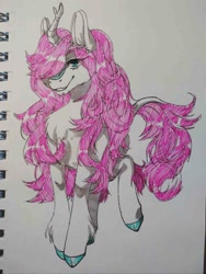 Size: 811x1080 | Tagged: safe, artist:illustra, derpibooru import, oc, oc only, kirin, chest fluff, colored hooves, ear fluff, ears, eye clipping through hair, female, female oc, hooves, horn, kirin oc, mare, mare oc, marker drawing, notebook, pink mane, simple background, solo, traditional art, unshorn fetlocks, white background