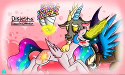 Size: 512x308 | Tagged: artist needed, safe, derpibooru import, discord, princess celestia, blushing, crying, dislestia, duo, duo male and female, female, flower, glowing, glowing horn, horn, male, name, pink background, shipping, simple background, straight