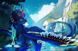 Size: 5000x3304 | Tagged: safe, artist:tyutya, derpibooru import, oc, oc only, oc:aether forge, oc:aetherium forge winter storm, draconequus, hybrid, commission, mountain, scar, solo, sword, water, waterfall, weapon