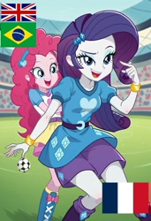 Size: 832x1216 | Tagged: safe, ai content, derpibooru import, machine learning generated, pinkie pie, rarity, human, equestria girls, g4, athlete, brazil, female, flag, football, france, prompter:coldgirls1, sports, stadium, united kingdom