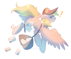 Size: 4096x3384 | Tagged: safe, artist:tyutya, derpibooru import, derpy hooves, pegasus, pony, g4, bag, butt, cap, dock, ear fluff, ears, exclamation point, female, floppy ears, frog (hoof), hat, looking back, mail, mailbag, mare, plot, simple background, solo, tail, underhoof, white background