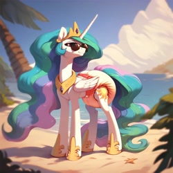 Size: 4096x4096 | Tagged: safe, ai content, derpibooru import, machine learning generated, princess celestia, alicorn, pony, g4, beach, diaper, diaper fetish, female, fetish, jewelry, non-baby in diaper, outdoors, poofy diaper, prompter:minty breeze, regalia, solo, sunglasses