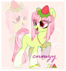 Size: 1006x1080 | Tagged: safe, derpibooru import, oc, oc only, earth pony, pony, g4, adoptable, adoptable open, auction, auction open, cute, female, food, for sale, green skin, happy, light skin, pink hair, red eyes, smiling, solo, strawberry, tail