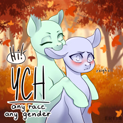 Size: 2000x2000 | Tagged: safe, artist:erein, derpibooru import, pony, advertisement, any gender, any race, auction, auction open, autumn, biting, blushing, commission, duo, ear bite, ears up, high res, leaves, outdoors, park, smiling, speech bubble, text, tree, ych sketch, your character here