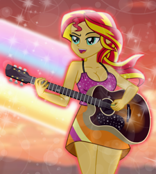 Size: 6780x7536 | Tagged: safe, artist:emeraldblast63, derpibooru import, sunset shimmer, human, equestria girls, g4, rainbow rocks, bare shoulders, breasts, cleavage, clothes, female, guitar, musical instrument, open mouth, rainbow rocks 10th anniversary, singing, sleeveless, stupid sexy sunset shimmer, sunset jiggler