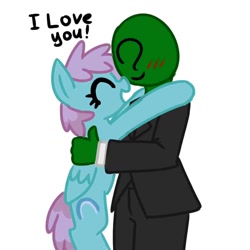 Size: 1024x1024 | Tagged: safe, artist:anonymous, derpibooru import, oc, oc:anon, human, pony, g4, blushing, duo, duo male and female, eyes closed, female, holding a pony, hug, human oc, i love you, male, mare, simple background, smiling, snow shower, talking, white background